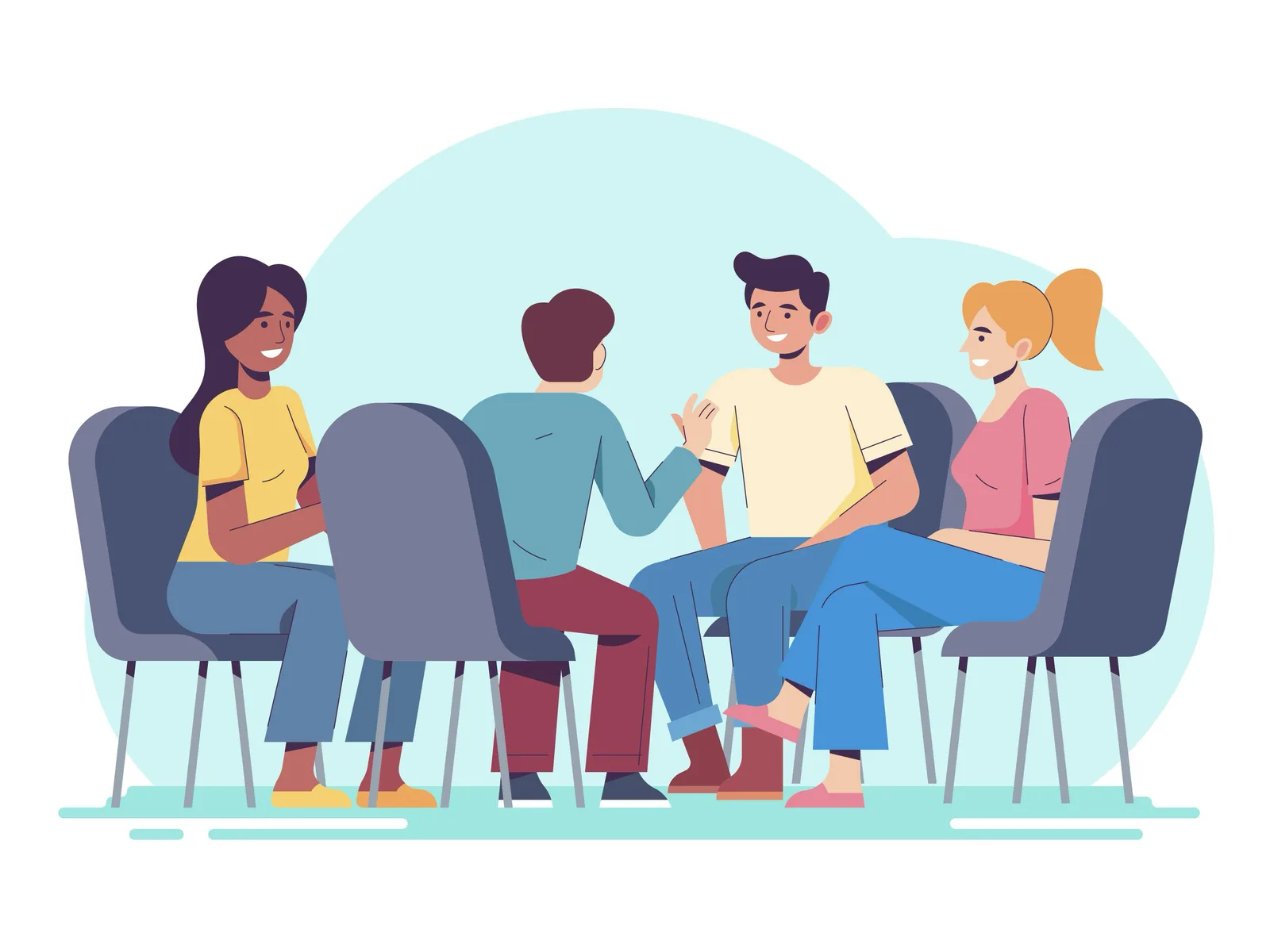 Atelier de psychologie en groupe à Morlaix Illustration : quatre personnes assises en cercle échangent lors d’un atelier de psychologie en groupe à Morlaix